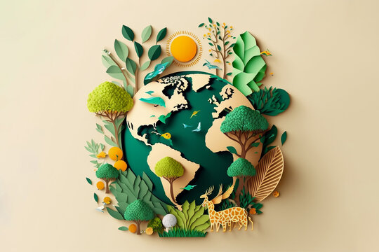 World environment and earth day concept with globe and eco friendly enviroment-paper art
