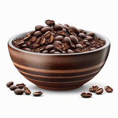a wooden bowl full of coffee beans on a white table with white back ground.  generative AI - obrazy, fototapety, plakaty