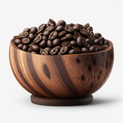 Fototapeta premium a wooden bowl full of coffee beans on a white table with white back ground. generative AI