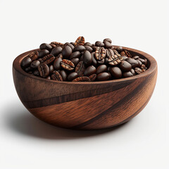 a wooden bowl full of coffee beans on a white table with white back ground.  generative AI