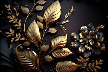 golden and black flowers and leaves. 3d render background generative ai