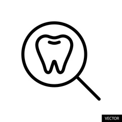 Tooth with magnifying glass, dental check up concept vector icon in line style design for website, app, UI, isolated on white background. Editable stroke. Vector illustration.