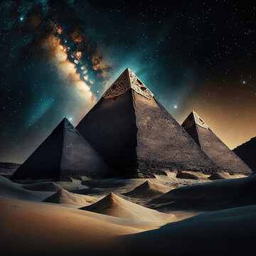 Pyramids against a starry sky, generative AI 