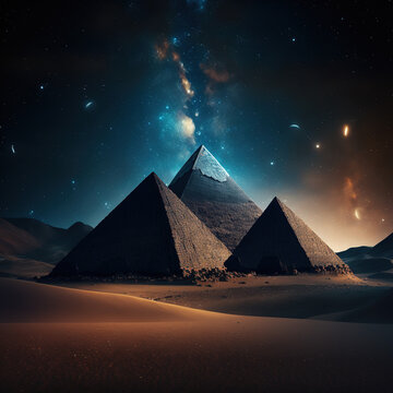 Pyramids against a starry sky, generative AI 