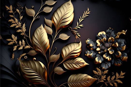 Golden And Black Flowers And Leaves. 3d Render Background Generative Ai