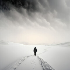 lonely wanderer, walking in the snow, generative AI - obrazy, fototapety, plakaty