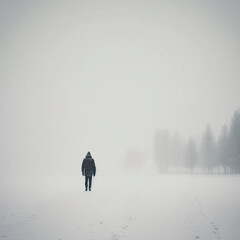 lonely wanderer, walking in the snow, generative AI - obrazy, fototapety, plakaty