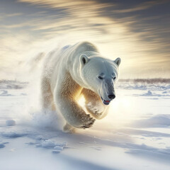 Obraz na płótnie Canvas white polar bear running through the snow, copy space, generative AI