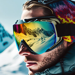 skier's portrait, reflection of the mountain landscape ,  generative AI  - obrazy, fototapety, plakaty