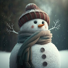 cute snowman with hat and scarf, Generative AI - obrazy, fototapety, plakaty