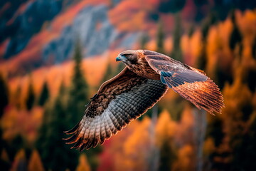 Red-tailed hawk flying in the background of the forest Generative AI