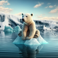 white polar bear drifting on the ice, copy space,  generative AI