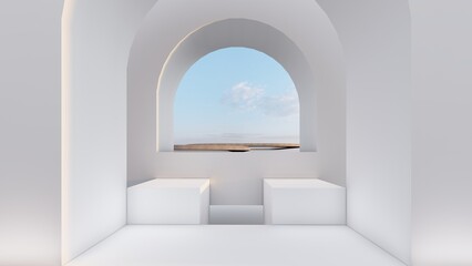 Architecture interior background room with arched window 3d render