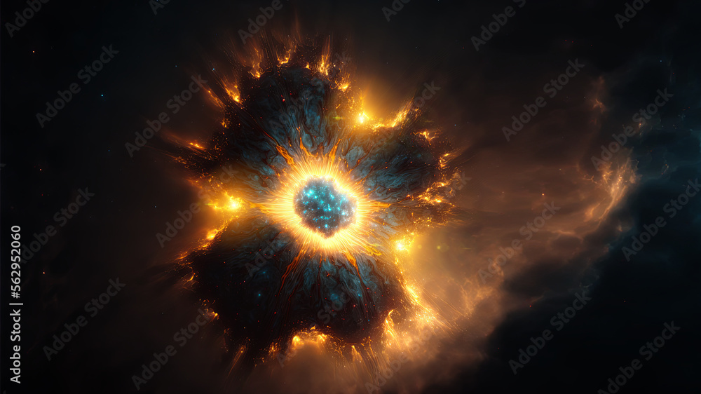 Poster view of the birth of a star in space during a nebula explosion. nuclear fusion of cosmic clouds of g