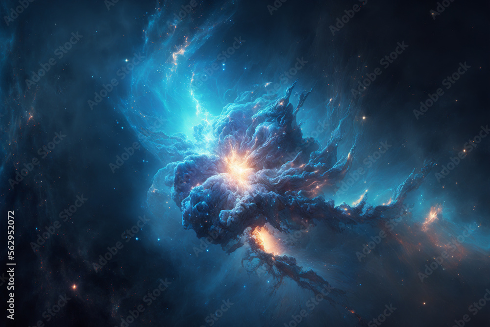 Poster large view of a colorful dark blue nebula in space. cosmic background with bright shining stars, gal