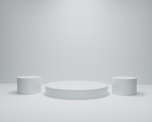 Empty podium or pedestal display on white background with cylinder stand concept. Blank product standing backdrop. 3D rendering.