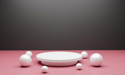 Empty podium with marble texture on black background with geometric balls. Blank product standing backdrop. 3D rendering.