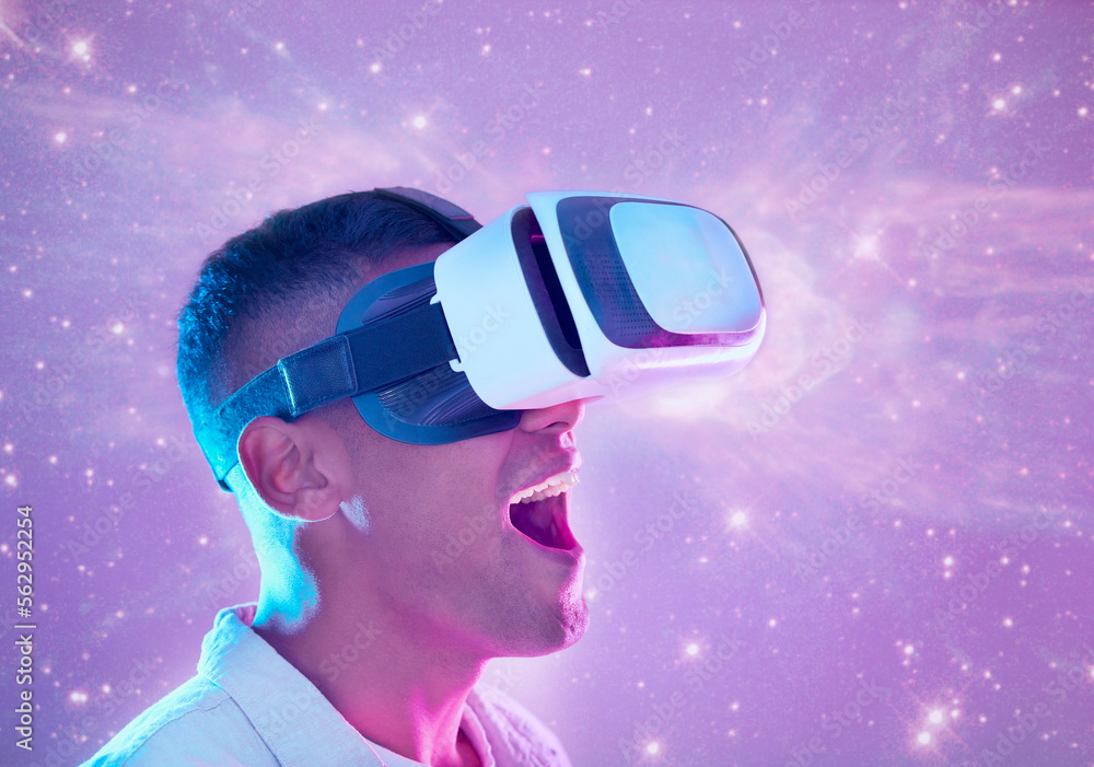 Poster wow, futuristic and man in vr universe exploring a cyber space world. surprise, shock and male in vi