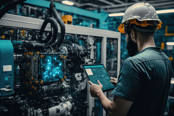 Manager engineer check and control automation robot arms machine in intelligent factory industrial on monitoring system software. Welding robotics and digital manufacturing operation. (ai generated)