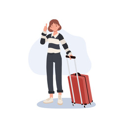 Female Traveling tourists with travel backpack ,luggage is doing good thumb up hand sign. Flat vector illustration