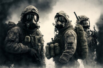 Special Forces With Weapons Armor and Gas Masks