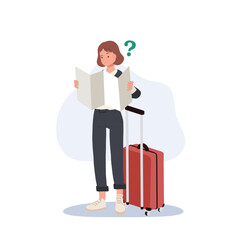 Travel, tourism concept. Confused woman traveler hold paper map and getting confuse. female tourist check way on paper plan. Flat vector illustration