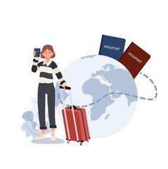 travel concept ,immigration. Document with Visa and Passport. woman with luggage is showing her passport. Flat vector illustration
