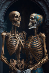 a couple of skeletons standing next to each other, skull, bones, zombie, fantasy, art illustration