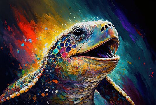 illustration of smiley face of  animal with color splash oil painting style, sea turtle  Generative Ai