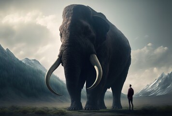 huge mammoth with man standing aside  Generative Ai
