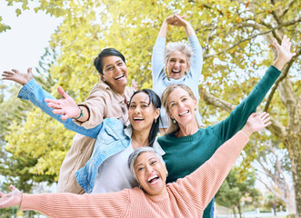Senior retirement, portrait and hands up in fun game, goofy activity or silly energy for comic...