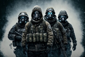 Naklejka premium Army Soldiers With Weapons Armor and_Gas Masks