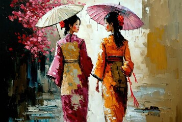 oil painting style illustration of a beautiful women wearing traditional Asian costume walking on street ,  Generative Ai