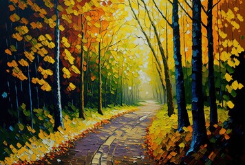 illustration of autumn season forest trail, idea for background wallpaper Generative Ai