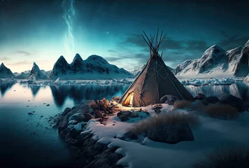 Fotobehang Blauwgroen beautiful winter lake scenery with snow peak mountain and a tipi traditional tribal tent at lakeside with nature landscape as background Generative Ai 