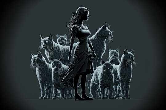 A Woman With A Lot Of Cats, Cat Lover Banner, Black And White