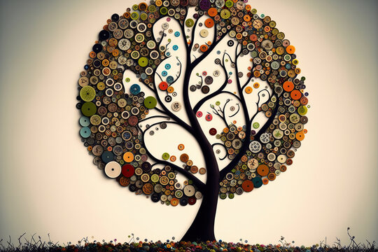 abstract creative art of a tree made with buttons, Generative AI
