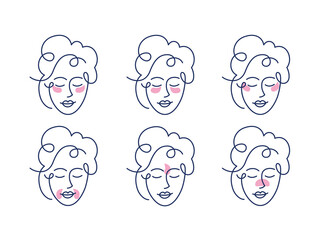 Fototapeta Girl with Different Method for Use Gel Patch Line Icon. Patches Under Eye, Between Brows, for Mouth and Nose Pictogram. Face Anti Aging Procedure Icon. Editable Stroke. Isolated Vector Illustration. obraz
