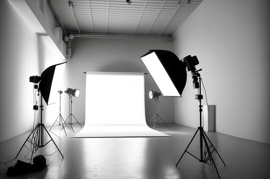 Light studio equipment in white & bright photo studio created with Generative AI Technology
