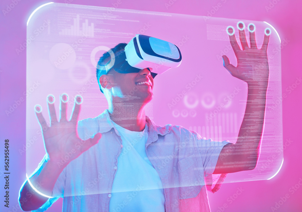 Aufkleber Vr, 3d futuristic and man in metaverse exploring a cyber world. Digital transformation, virtual reality and male touching ux button, data overlay or ai app, graphics or software on pink background.