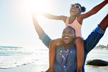 Love, beach and girl on shoulder of father enjoy summer holiday, vacation and freedom on weekend....