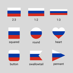 Vector collection of Russian flags in different shapes and ratio. Russia flag high quality set