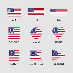 Vector collection of United States of America flags in different shapes and ratio. American flag high quality set