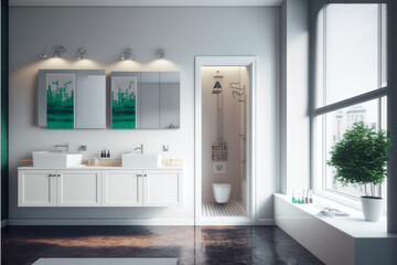 Naklejka na ściany i meble Modern bathroom interior design, Luxury yet minimalist clean, bright and hygienic spacious bathroom with shower, toilets, mirrors, bathtub and natural green plant in a hotel, apartment, or house.