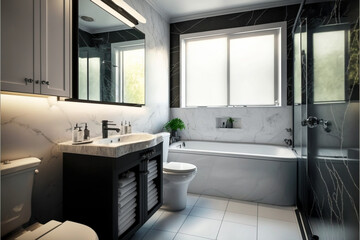 Modern bathroom interior design, Luxury yet minimalist clean, bright and hygienic spacious bathroom with shower, toilets, mirrors, bathtub and natural green plant in a hotel, apartment, or house.