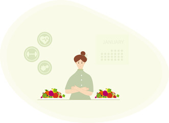 A happy woman starts vegetarian diet January. . The concept of veganism, Veganuary annual challenge encouraging people to follow a vegan lifestyle.