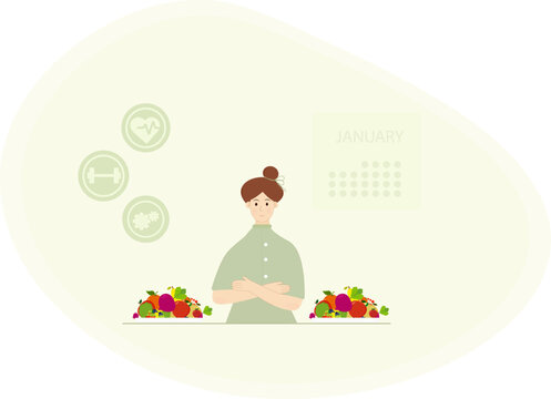 A happy woman starts vegetarian diet January. . The concept of veganism, Veganuary annual challenge encouraging people to follow a vegan lifestyle.