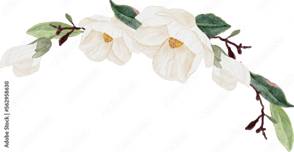 Wall mural watercolor white magnolia flower and leaf bouquet clipart