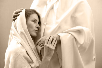 Holy saint bless sacred divin light shine scarf cute young wife lady face ask wish trust king Lord...