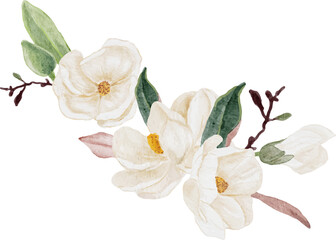 watercolor white magnolia flower and leaf bouquet clipart